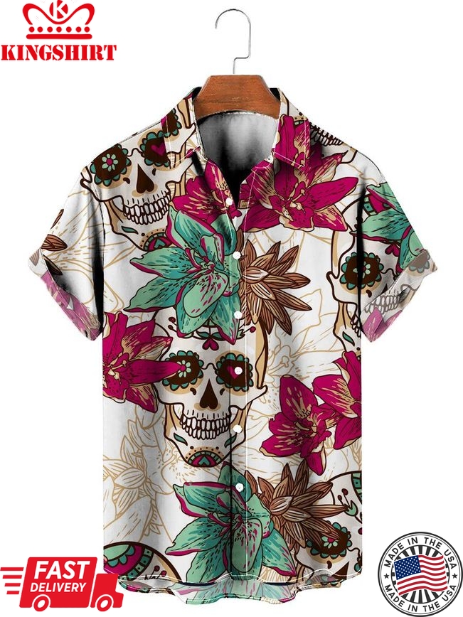 Casual Skull Rose Print Short Sleeve Summer Hawaiian Shirt