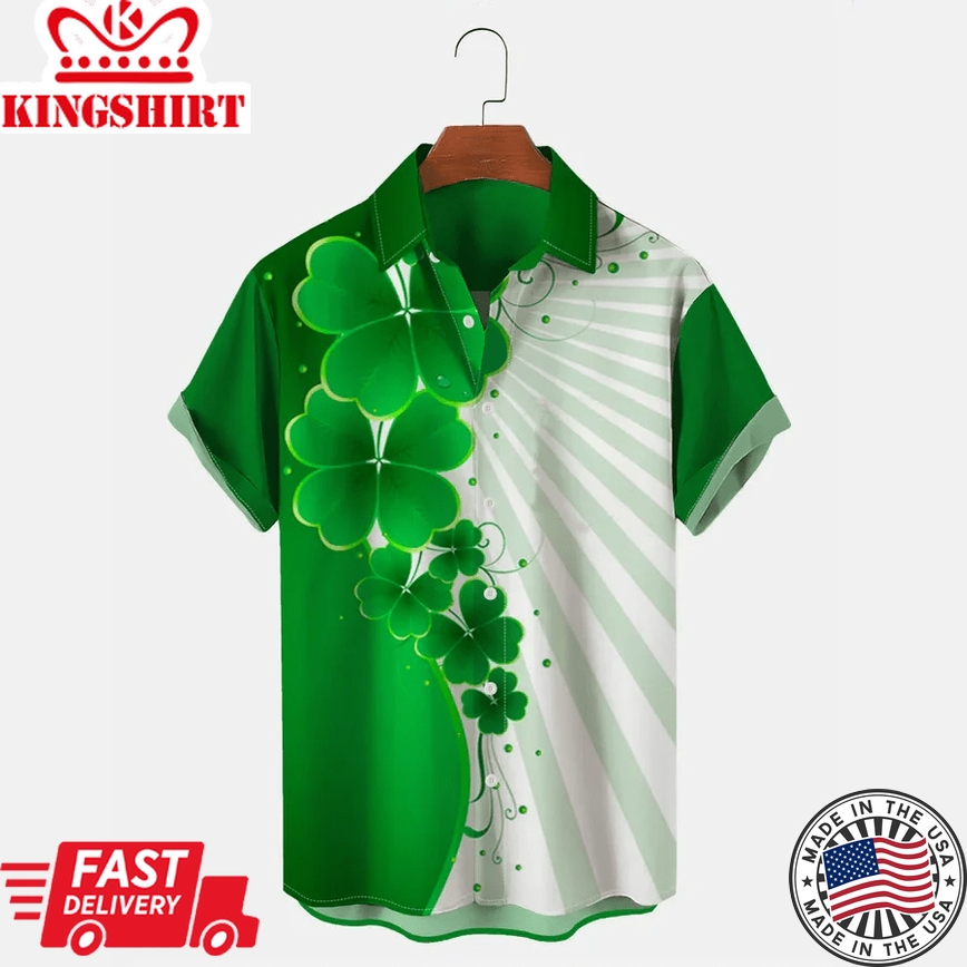 Casual Stripe Panel St. Patrick's Clover Hawaiian Men's Short Sleeve Shirt