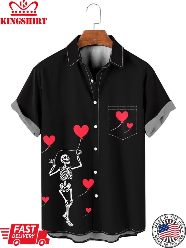 Casual Valentine's Day Skeleton Heart Balloon Print Pocket Hawaiian Shirt