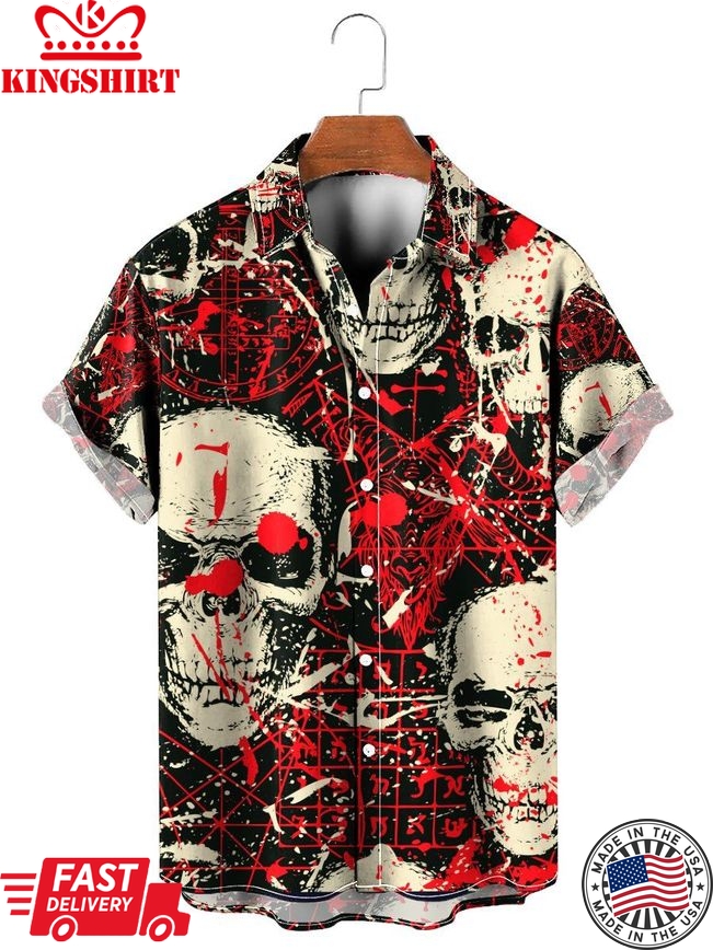 Casual Vintage Sinister Skull Pattern Short Sleeve Shirt