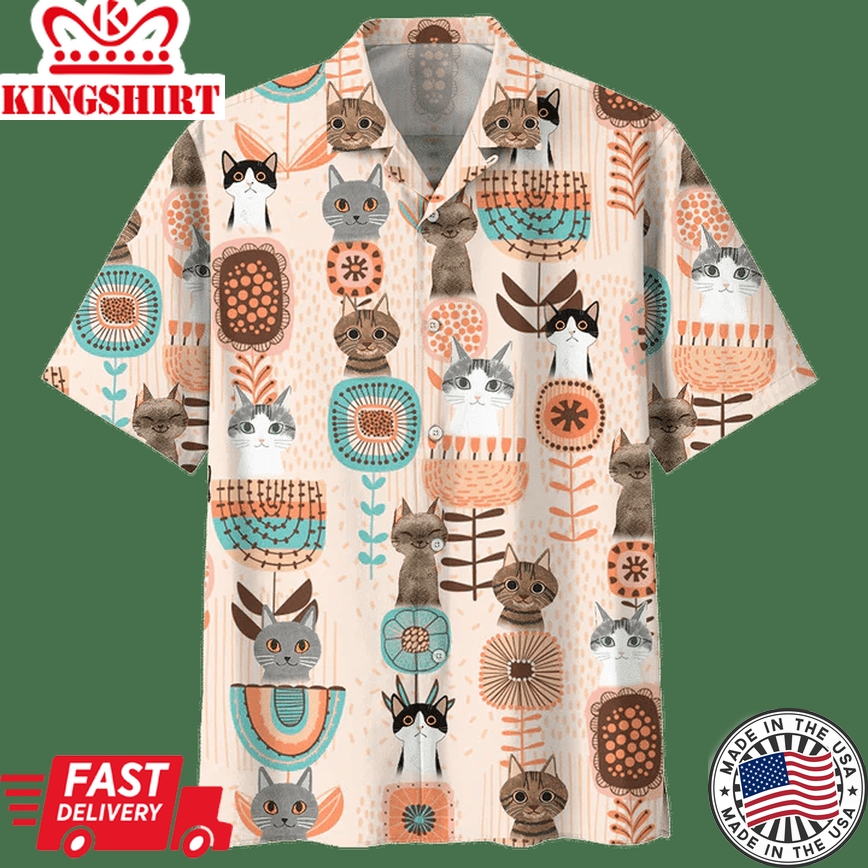 Cat Abstract Trees And Flowers Trendy Hawaiian Shirt, Unisex Print Aloha Short Sleeve Casual Shirt Summer Gifts