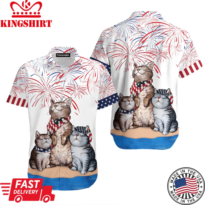 Cat American Flag Firework Trendy Hawaiian Shirt