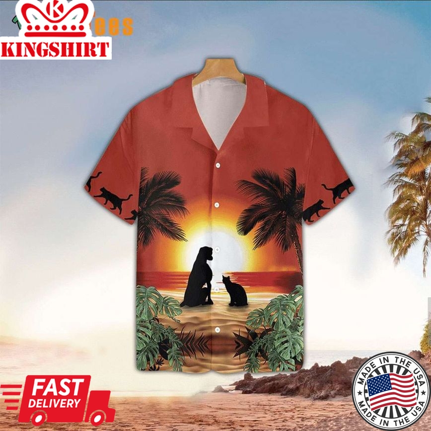 Cat And Dog Sunset In Beach, Dog Trendy Hawaiian Shirt Perfect Gifts For Your Loved Ones