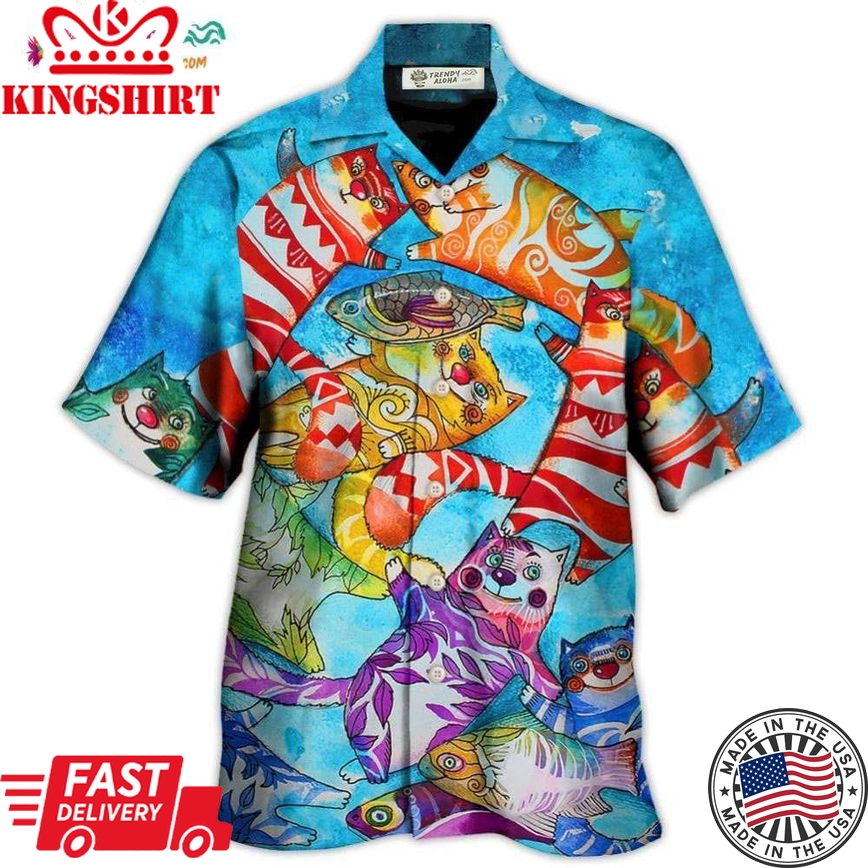 Cat And Fish Funny Together Hawaiian Shirt