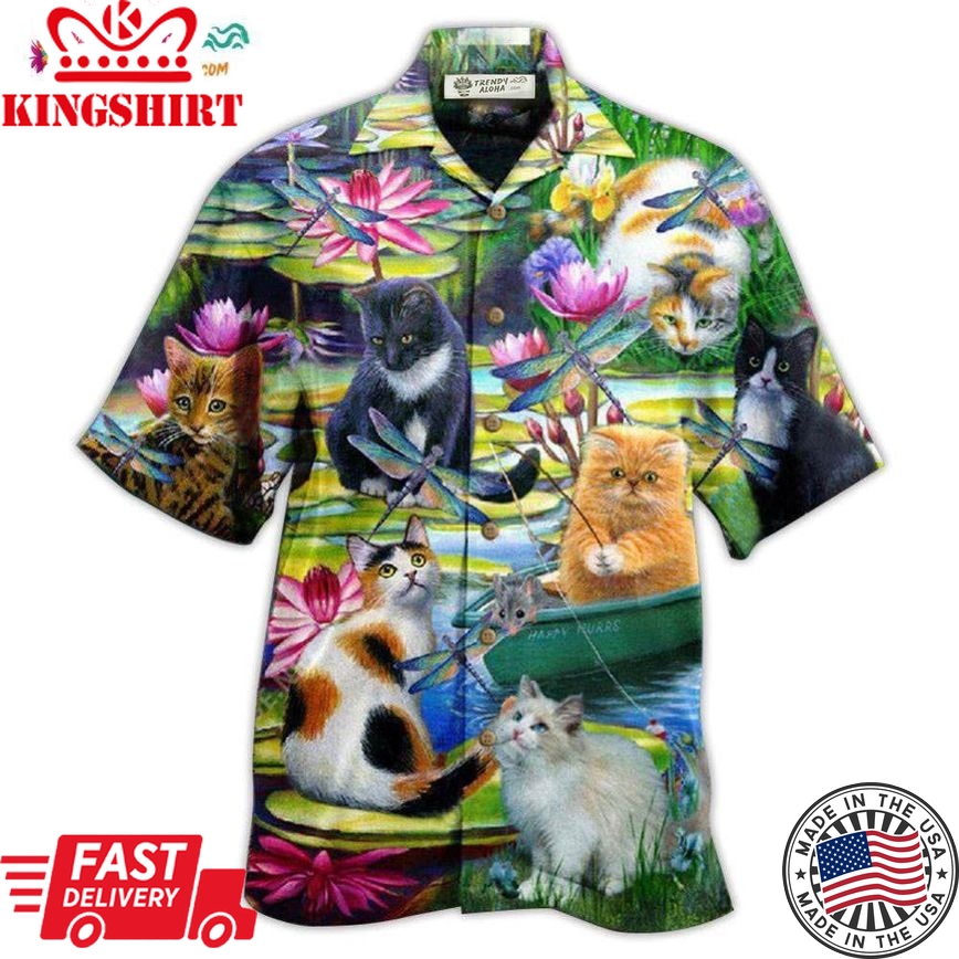 Cat Curious In A Water Lily Lake Hawaiian Shirt