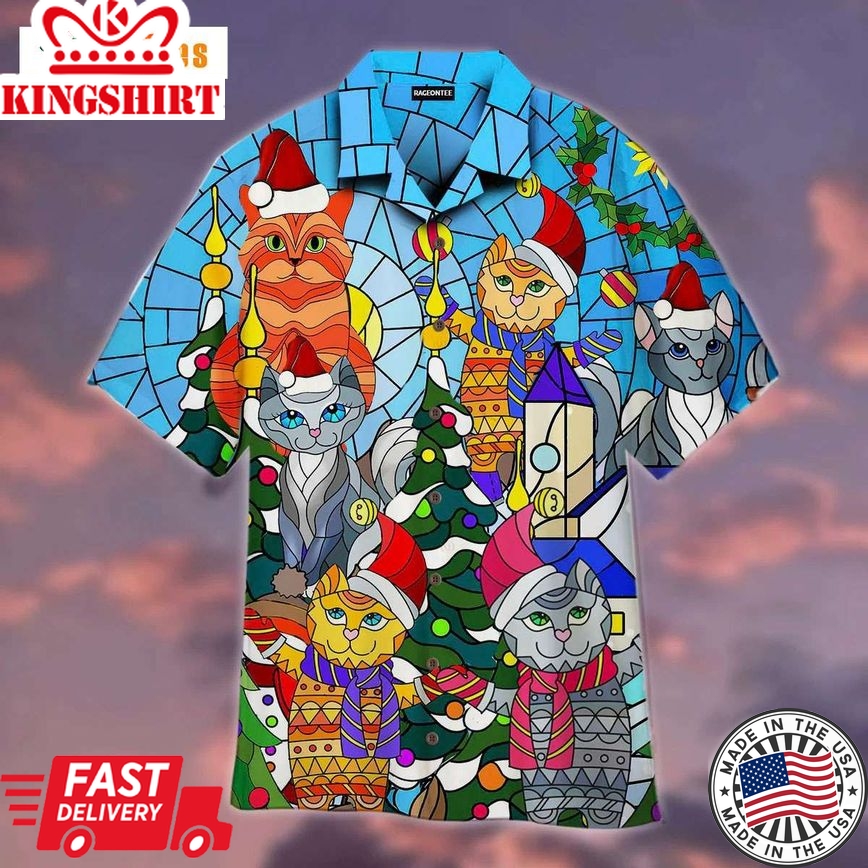 Cat Family Merry Christmas Stained Glass, Cat Trendy Hawaiian Shirt Perfect Gifts For Your Loved Ones