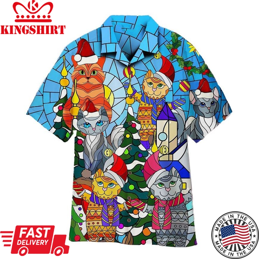 Cat Family Merry Christmas Stained Glass Trendy Hawaiian Shirt