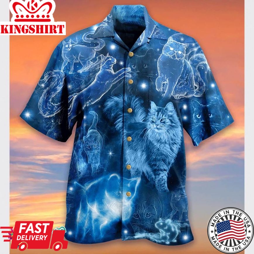 Cat Love Blue Neon Stunning, Hawaiian Shirt With Cat, Hawaiian Set Gift, Gifts For Bachelor Party, Aloha Shirt Funny, Funny Hawaiian Shirt