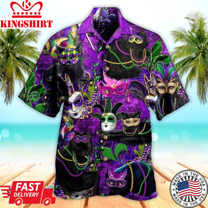 Cat Mardi Gras Purple Black Hawaiian Aloha Shirts