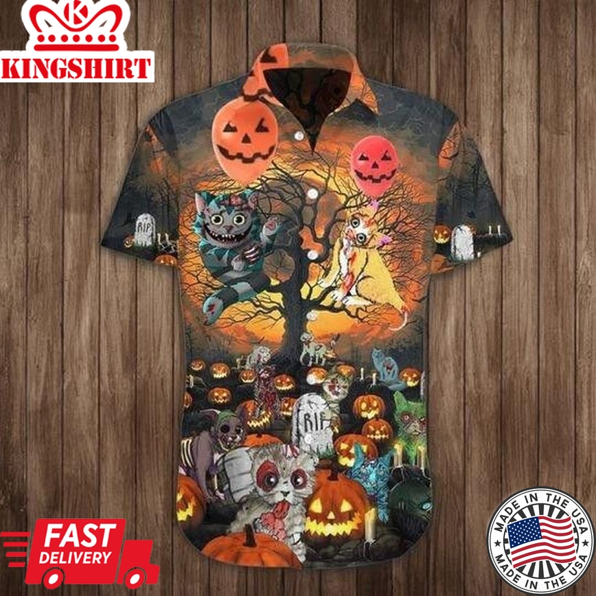 Cat Pumpkin Halloween Trendy Hawaiian Shirt, Unisex Print Aloha Short Sleeve Casual Shirt