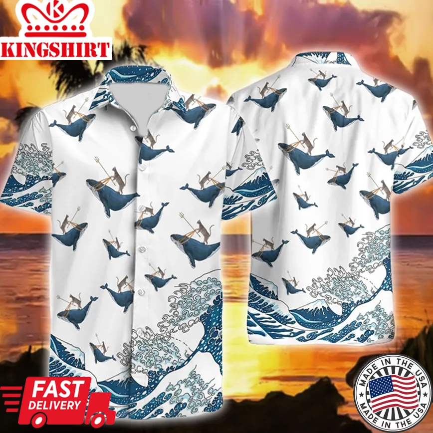 Cat Riding Whale Funny Trendy Hawaiian Shirt, Aloha Shirt For Summer Gifts