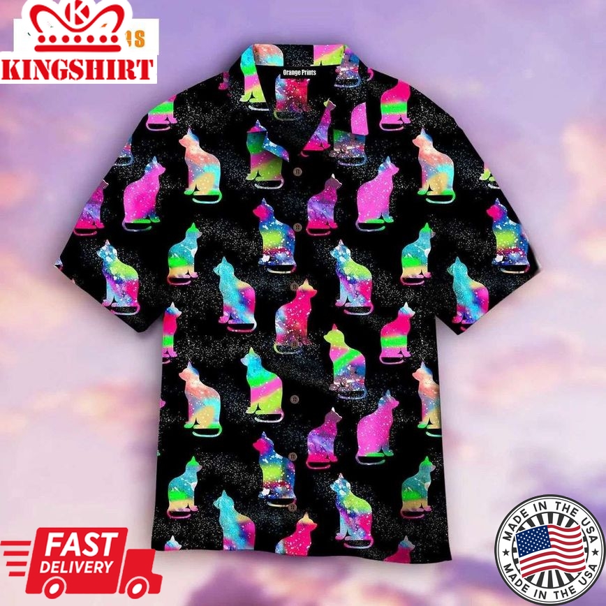 Cat Sits Silhouette Of A Bright Galaxy, Cat Trendy Hawaiian Shirt Perfect Gifts For Your Loved Ones