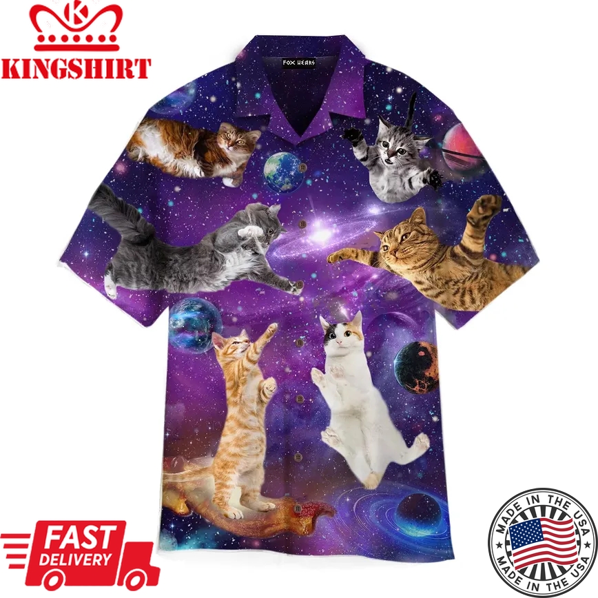 Cat Sits Silhouette Of A Bright Galaxy Trendy Hawaiian Shirt