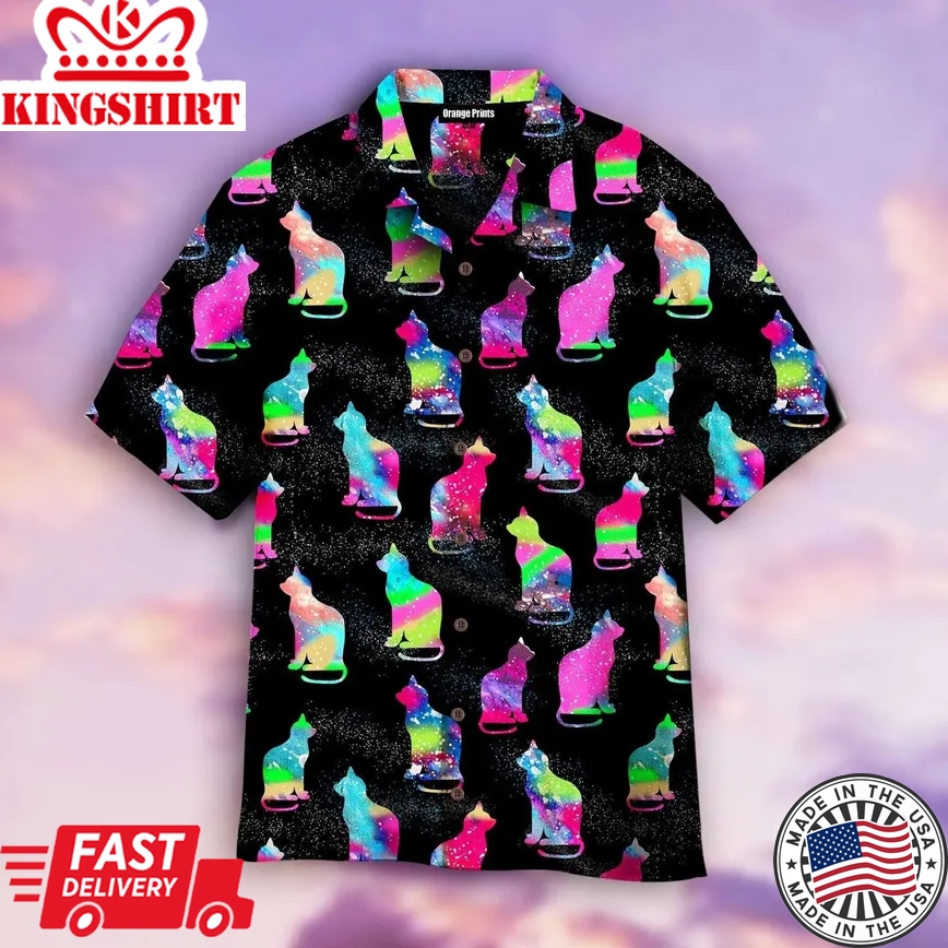 Cat Sits Silhouette Of A Bright Galaxy Trendy Hawaiian Shirt