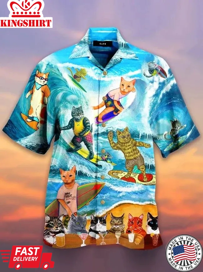 Cat Surfing Trendy Hawaiian Shirt