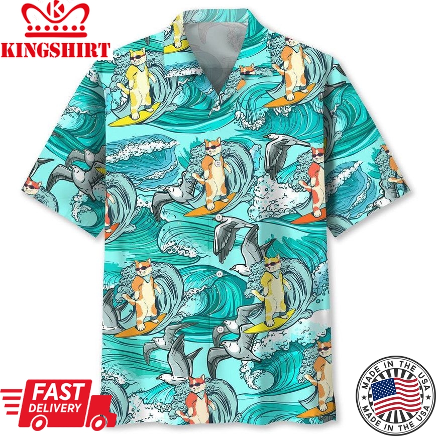 Cat Surfing Trendy Hawaiian Shirt