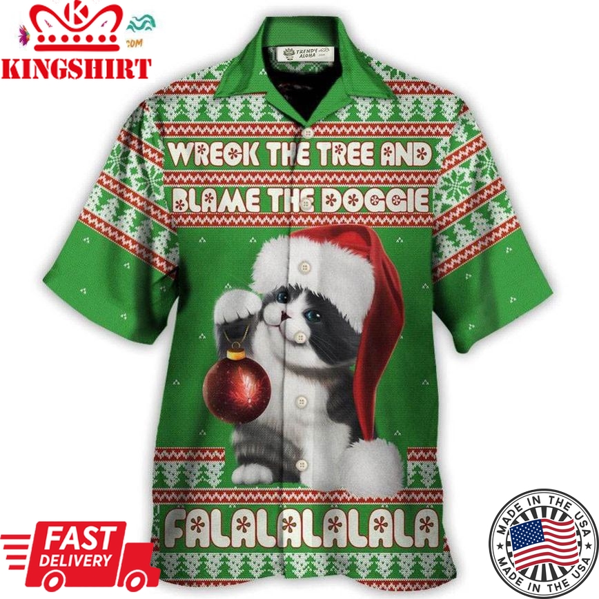 Cat Wreck The Tree And Blame The Doggie Falalala Christmas Hawaiian Shirt