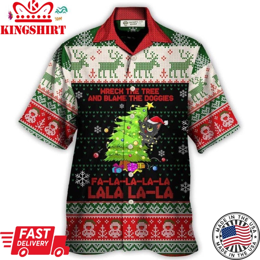 Cat Wreck The Tree Christmas Tree Light Funny Ugly Style Hawaiian Shirt