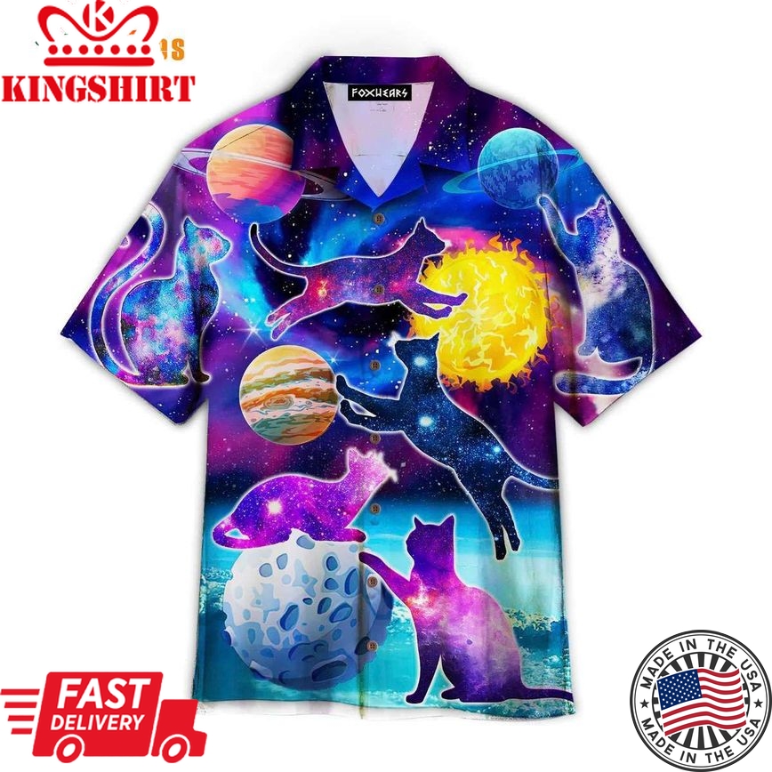 Cats Silhouette Sit Of A Bright Galaxy, Cat Trendy Hawaiian Shirt Perfect Gifts For Your Loved Ones