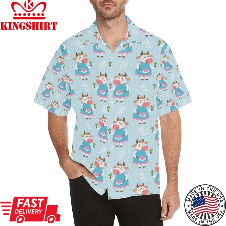 Cattle Happy Pattern Print Design Trendy Hawaiian Shirt, Cow Trendy Hawaiian Shirt For Summer Gifts