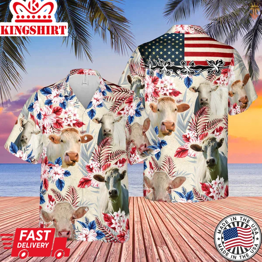 Charolais Cattle American Flag Hawaiian Trendy Hawaiian Shirt, Farm Cow Trendy Hawaiian Shirt For Men And Women