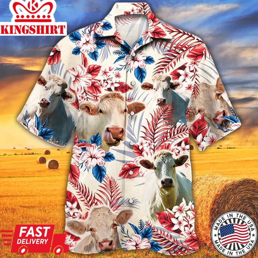 Charolais Cattle Lovers American Flag Trendy Hawaiian Shirt, Cow Flower Aloha Trendy Hawaiian Shirt, Cow Trendy Hawaiian Shirt Vintage, Trendy Hawaiian Shirt Men