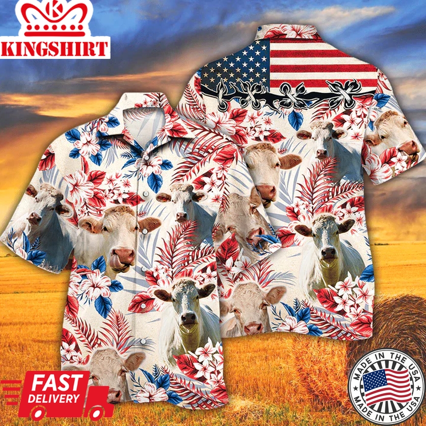 Charolais Cattle Lovers American Flag Trendy Hawaiian Shirt, Cow Flower Aloha Trendy Hawaiian Shirt, Cow Trendy Hawaiian Shirt Vintage, Trendy Hawaiian Shirt Men