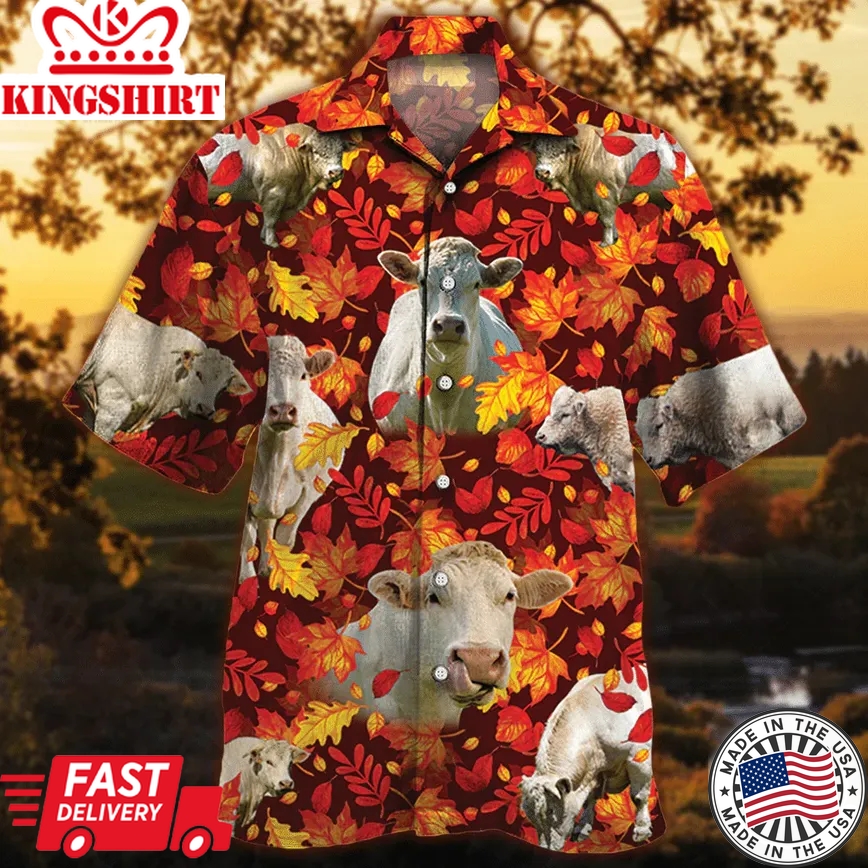 Charolais Cattle Lovers Autumn Red Leaves Trendy Hawaiian Shirt, Cow Trendy Hawaiian Shirt For Summer Gifts