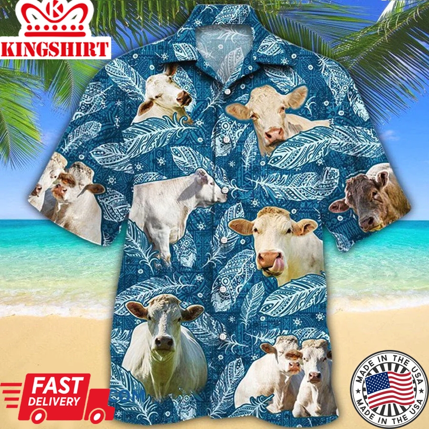 Charolais Cattle Lovers Blue Feather Hawaii Trendy Hawaiian Shirt