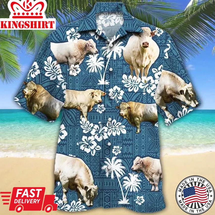 Charolais Cattle Lovers Blue Tribal Trendy Hawaiian Shirt, Charolais Trendy Hawaiian Shirts, Charolais Aloha Shirt For Men, Hawaii Shirt Woman