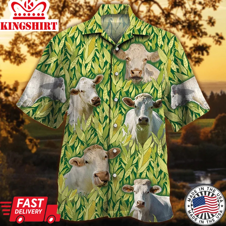 Charolais Cattle Lovers Corn Pattern Trendy Hawaiian Shirt, Cow Trendy Hawaiian Shirt For Summer Gifts