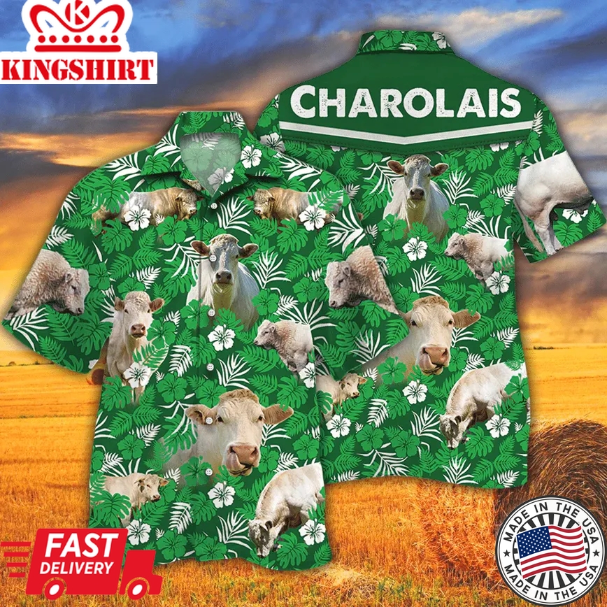 Charolais Cattle Lovers Green Floral Pattern Trendy Hawaiian Shirt, Cow Trendy Hawaiian Shirt For Summer Gifts