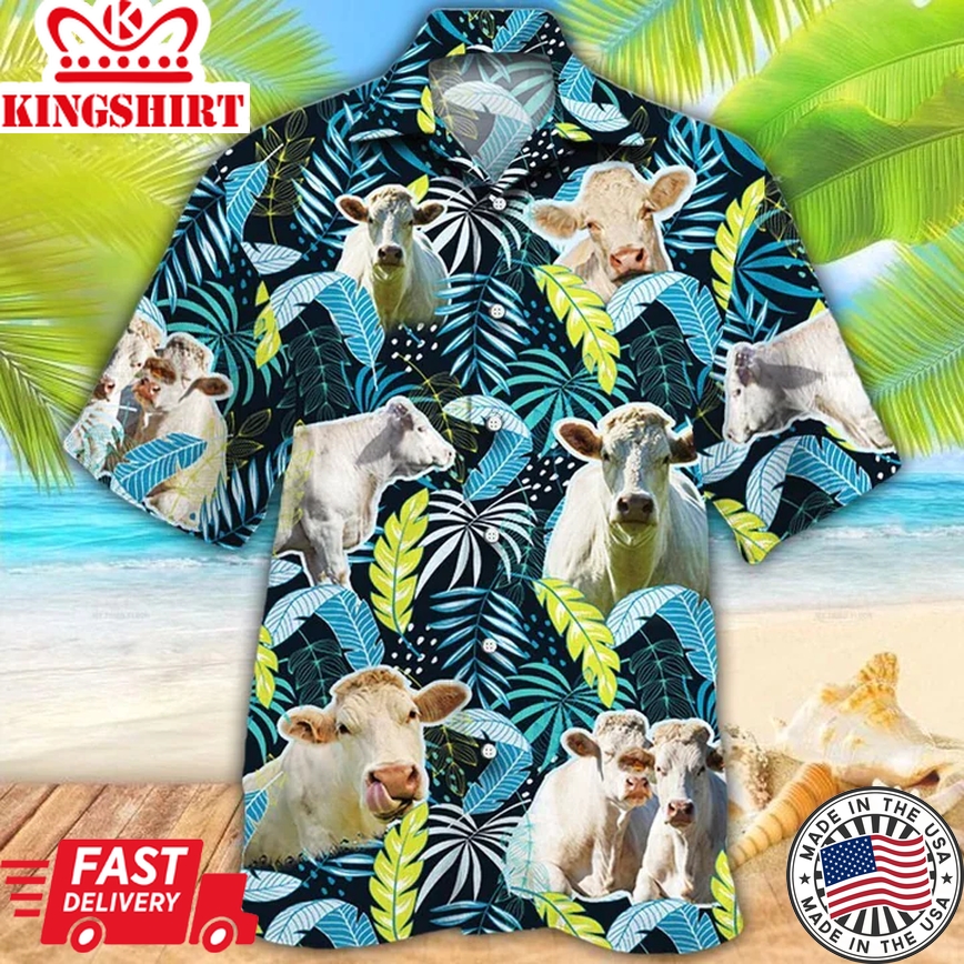 Charolais Cattle Lovers Jungle Leaves Trendy Hawaiian Shirt, Cow Flower Aloha Shirt, Trendy Hawaiian Shirt Men, Women