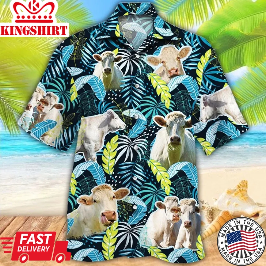 Charolais Cattle Lovers Jungle Leaves Trendy Hawaiian Shirt, Cow Trendy Hawaiian Shirt For Summer Gifts