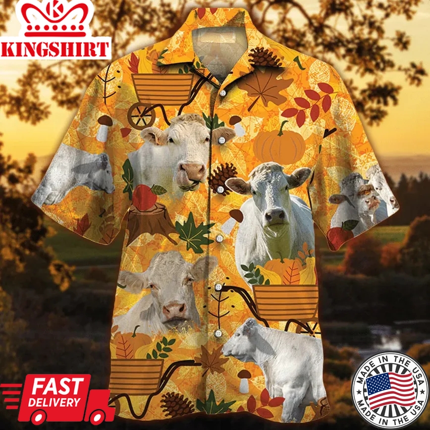 Charolais Cattle Lovers Orange Nature Autumn Trendy Hawaiian Shirt