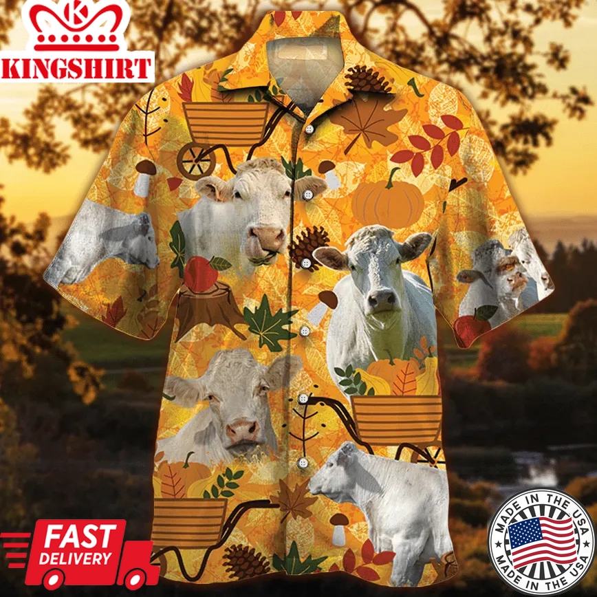 Charolais Cattle Lovers Orange Nature Autumn Trendy Hawaiian Shirt, Cow Trendy Hawaiian Shirt For Summer Gifts