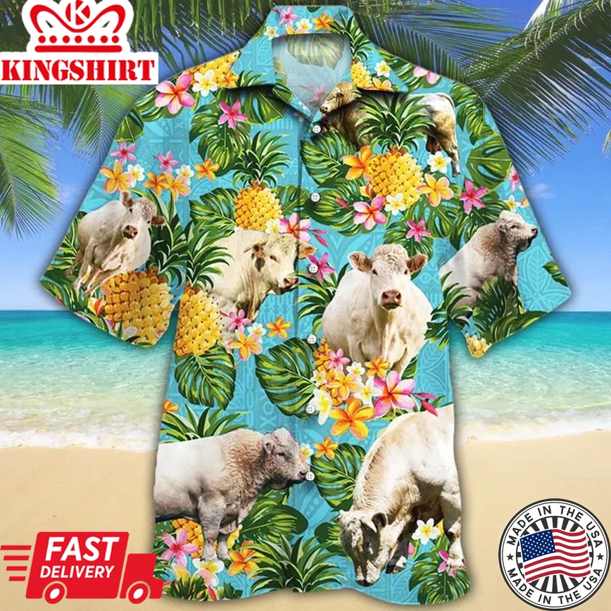 Charolais Cattle Lovers Pineapple Trendy Hawaiian Shirt, Cow Trendy Hawaiian Shirt For Summer Gifts