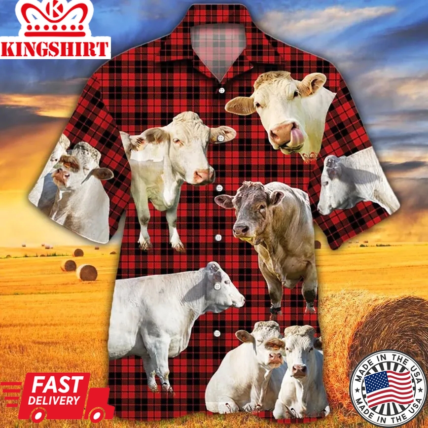 Charolais Cattle Lovers Red Tartan Pattern Trendy Hawaiian Shirt, Cow Trendy Hawaiian Shirt For Summer Gifts