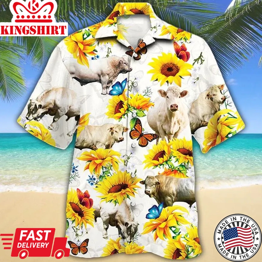 Charolais Cattle Lovers Sun Flower Trendy Hawaiian Shirt, Cow Trendy Hawaiian Shirt For Summer Gifts