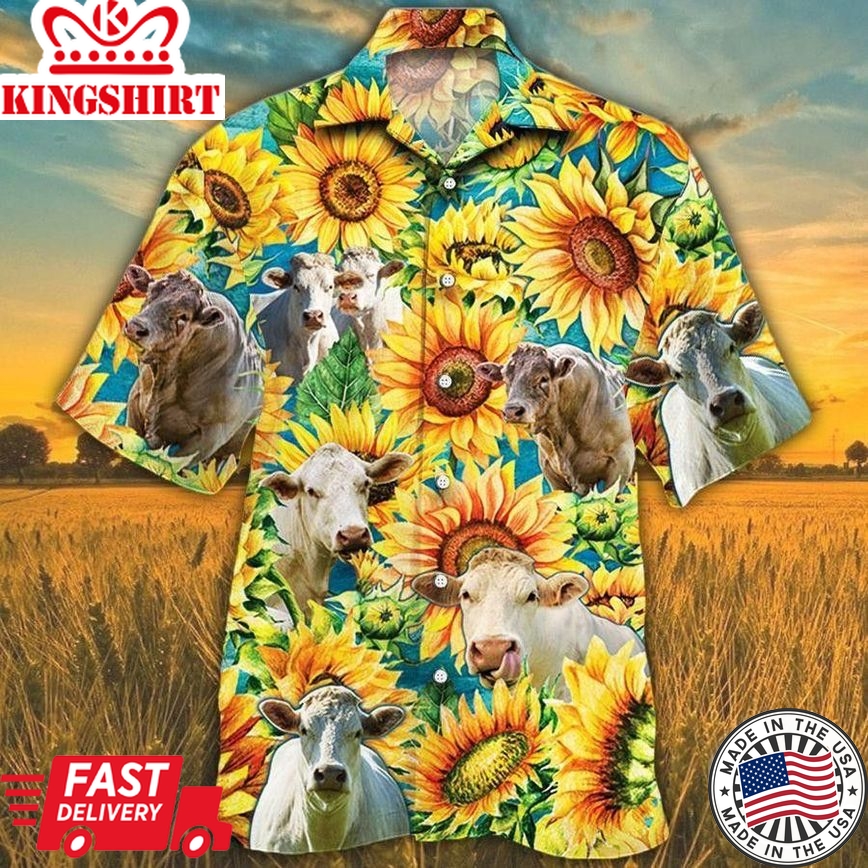 Charolais Cattle Lovers Sunflower Watercolor Trendy Hawaiian Shirt, Cow Trendy Hawaiian Shirt For Summer Gifts