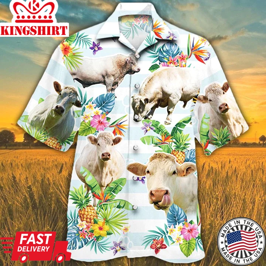 Charolais Cattle Trendy Hawaiian Shirts For Men, Women, Cow Lovers Tropical Flower Trendy Hawaiian Shirt