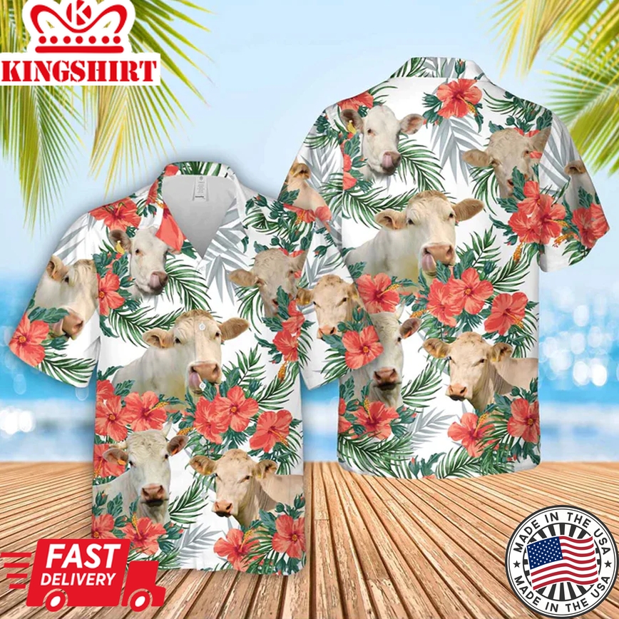 Charolais Cow Hawaiian Flowers Trendy Hawaiian Shirt, Gift For Farm Clothing, Summer Gift For Men And Women