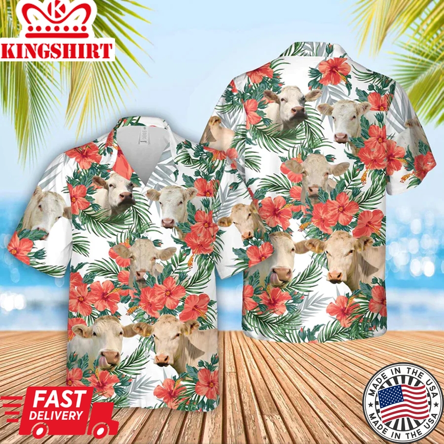 Charolais Cow No Horn Hawaiian Flowers Trendy Hawaiian Shirt, Gift For Farm Clothing, Summer Gift For Men And Women