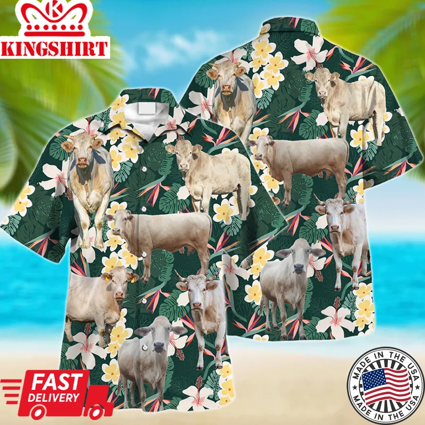 Charolais Cow Trendy Hawaiian Shirt, Farm Lover Hawaii Shirt, Trendy Hawaiian Shirt Men, Hawaiian Casual Button Down Shirt