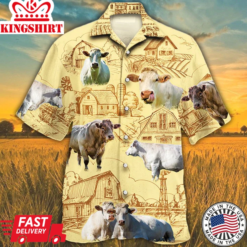 Charolais Farm Trendy Hawaiian Shirt, Farm Cow Short Sleeve Hawaiian Aloha Shirt For Men, Women