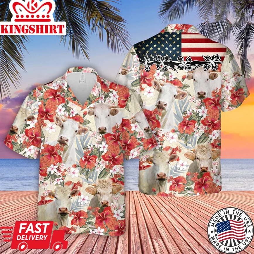 Charolais Hibicus Floral Us Flag 3D Trendy Hawaiian Shirt