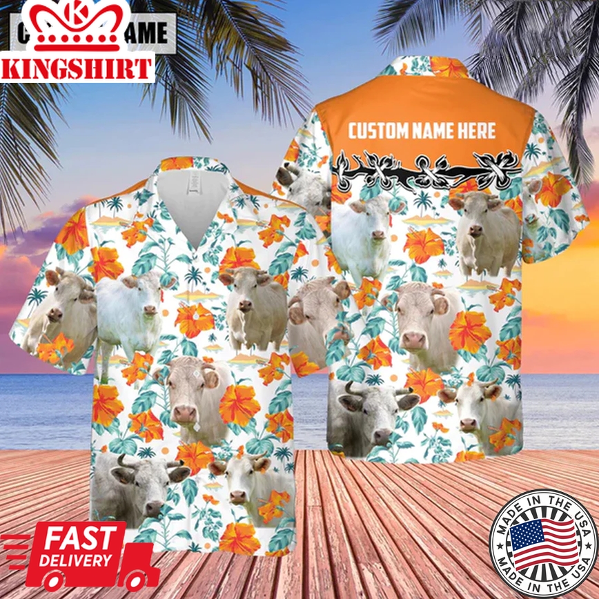 Charolais Hibiscus Floral Custom Name 3D Trendy Hawaiian Shirt, Summer Gifts For Men And Women