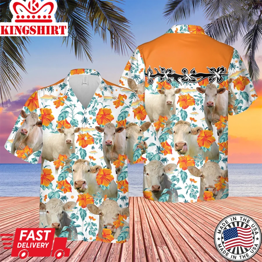 Charolais No Horn Hibiscus Floral 3D Trendy Hawaiian Shirt