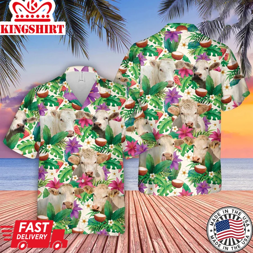 Charolais Summer Floral 3D Trendy Hawaiian Shirt, Farm Lover Hawaii Shirt, Hawaiian Casual Button Down Shirt