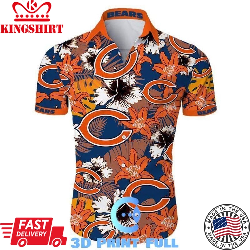 Chicago Bears NFL Hawaiian Shirt: Tropical Flower, Short Sleeve, Slim Fit